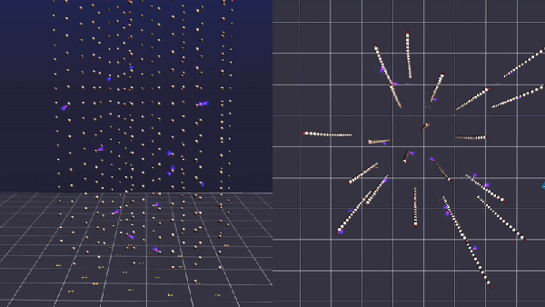 Dos visualizaciones muestran detectores que responden a los fotones generados a lo largo del camino de un muón de alta energía observado en febrero de 2023 por el detector KM3Net en la costa de Sicilia. A la izquierda hay una vista lateral del evento; A la derecha hay una vista de pájaro. Cada unidad de detección (DU) contiene 18 módulos ópticos digheres esféricos (DOM) suspendidos verticalmente en el agua. En la animación de visualización, se ve una reacción en cadena a lo largo de los doms que viajan por la línea del DU