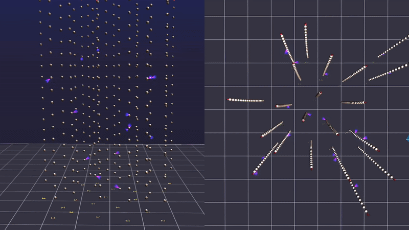 Dos visualizaciones muestran detectores que responden a los fotones generados a lo largo del camino de un muón de alta energía observado en febrero de 2023 por el detector KM3Net en la costa de Sicilia. A la izquierda hay una vista lateral del evento; A la derecha hay una vista de pájaro. Cada unidad de detección (DU) contiene 18 módulos ópticos digheres esféricos (DOM) suspendidos verticalmente en el agua. En la animación de visualización, se ve una reacción en cadena a lo largo de los doms que viajan por la línea del DU