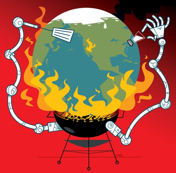 Illustration of Earth on a grill with flames and two mechanical arms with salt and a spatula