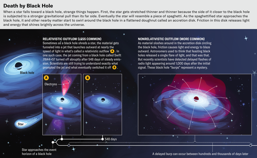 Timeline of star death by black hole includes two branches. One branch shows relativistic outflow, in which a jet emerges then abruptly turns off around 550 days later. The other branch shows non-relativistic outflow, in which burp-like emissions occur around 1,000 days after the initial disruption, with a few possible additional burps later.