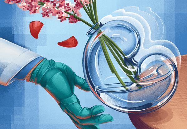 Kidney shaped vase being caught before it falls off a table