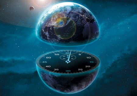 Illustration shows Earth in deep space. It is split at the equator, with the hemispheres pulled apart. A clock with a second hand is visible on the equatorial cut surface.