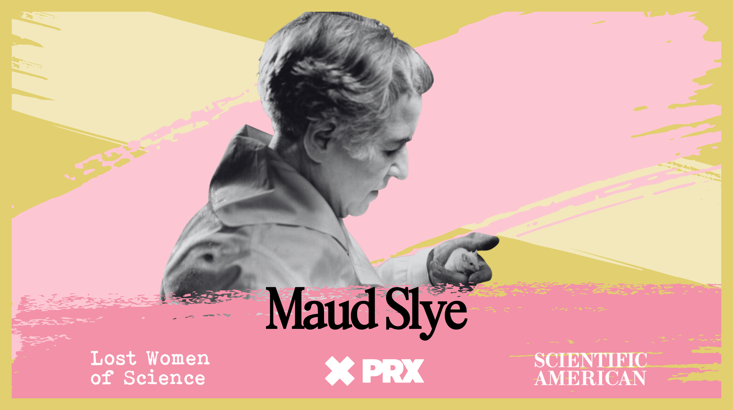 A photo illustration of a woman viewed in profile holding a small white mouse with a background of washes of pastel colors