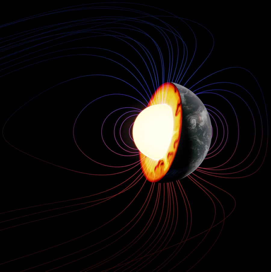 A half-Earth shows a glowing core with magnetic field lines emerging and circling back to its poles