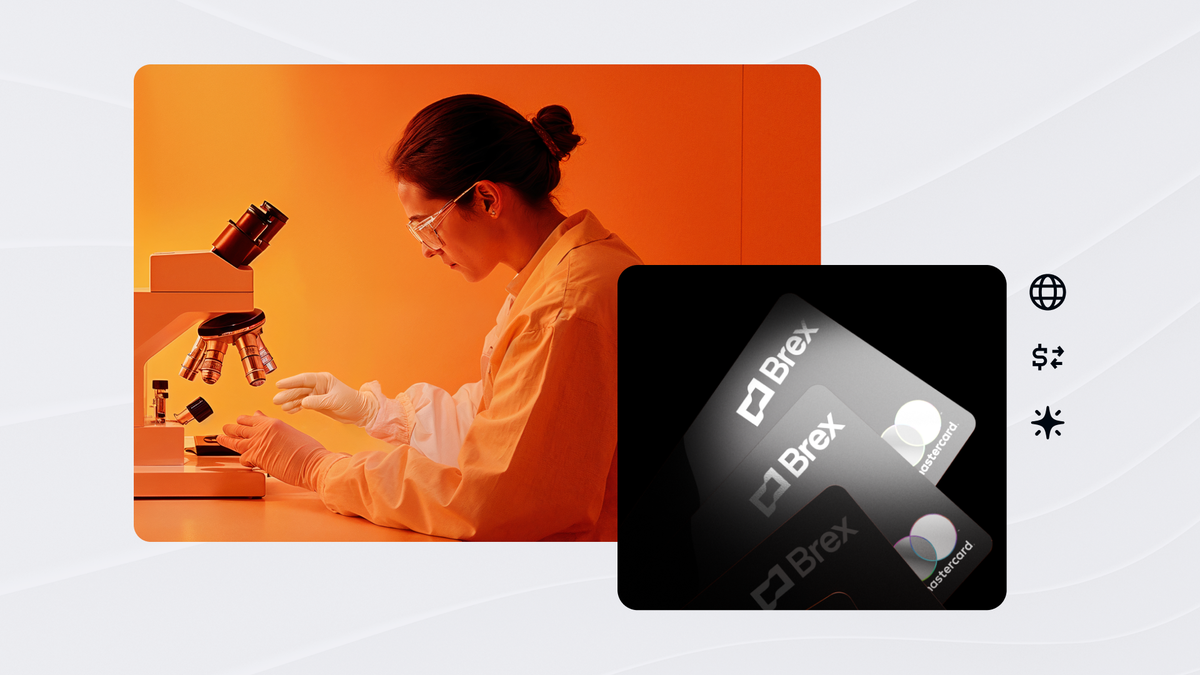 An orange tinted image of a lab worker and a black and white photo of two Mastercards