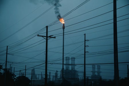 Flames from a flare stack at an oil refinery in Louisiana, US