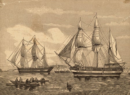 Engraving of the ships HMS Erebus and HMS Terror.