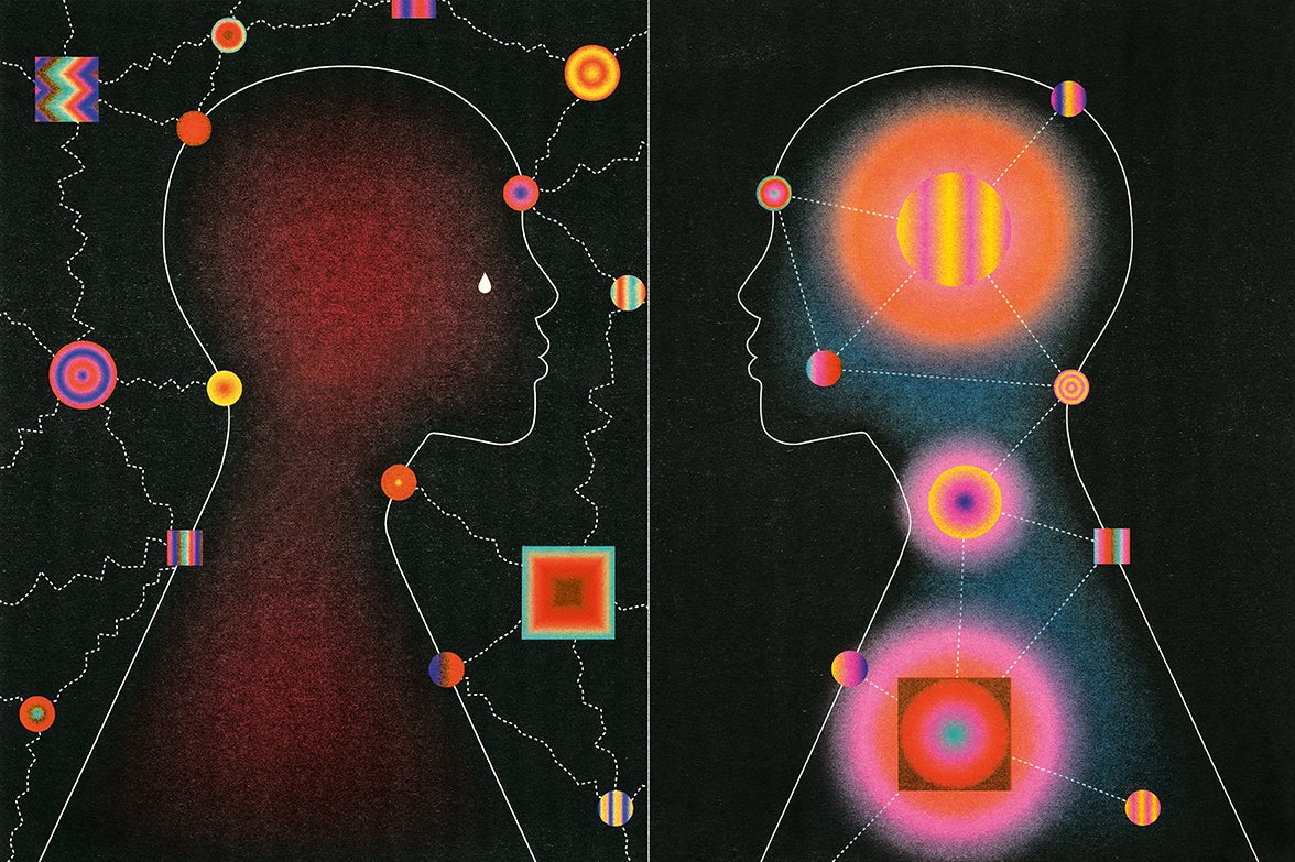 Illustration of two human profiles in mirrored view. One is in tune with body's signals. No external noise. Brain is healthy and figure feels in balance. In the other, eternal noise prevails. Figure feels on edge.