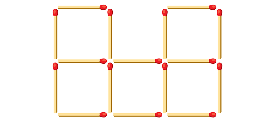 Graphic shows 16 matchsticks arranged to fill in every line segment of a two-by-three grid except for the horizontal segment making up the top middle part.