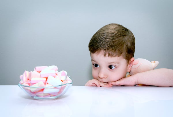 A young boy holding a stuffed animal stares down a vessel of marshmallows.