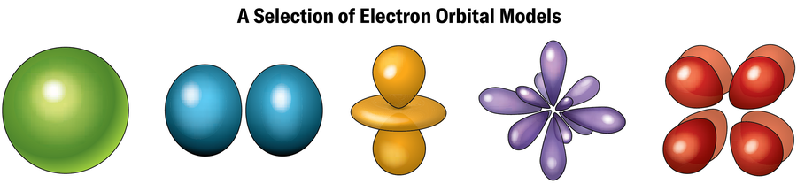 Schematic shows a selection of electron orbital models.