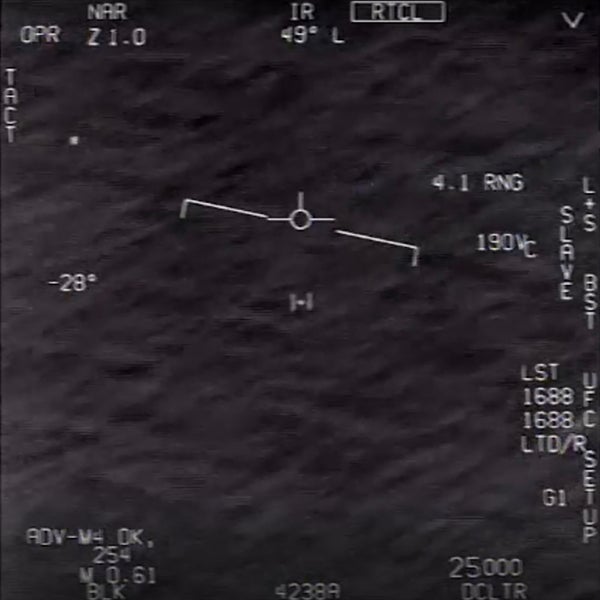 Black and white, low resolution GOFAST Video still of a U.S. Navy F/A-18 jet crew’s encounter with an unexplained anomalous phenomena (UAP)