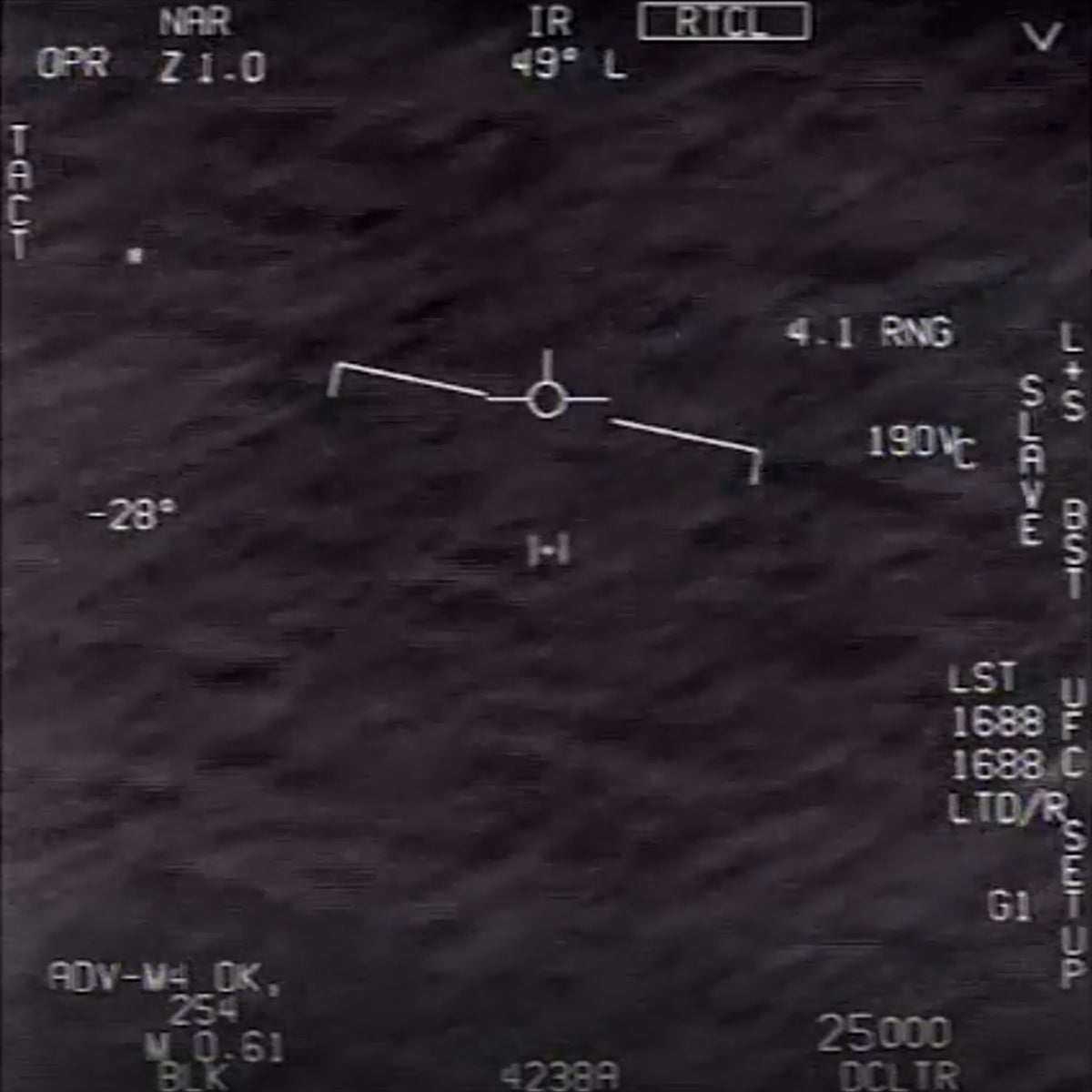 Black and white, low resolution GOFAST Video still of a U.S. Navy F/A-18 jet crew's encounter with an unexplained anomalous phenomena (UAP)