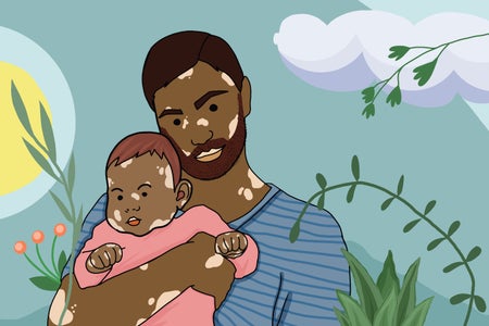 Pastel illustration of dad holding his little daughter on floral background.