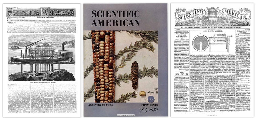 Covers of Scientific American from 1869, 1950 and 1846
