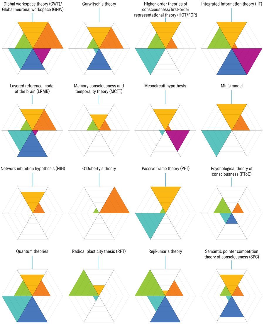 Each of 29 consciousness theories are represented by a hexagon, with index scores rooted in 6 variables represented: The neural correlates of consciousness; the association between consciousness and other cognitive functions; translation from theory to clinical practice; the quantitative measures of consciousness; consciousness, sensory processes and the autonomic nervous system; and subjectivity. This panel holds the final 16.