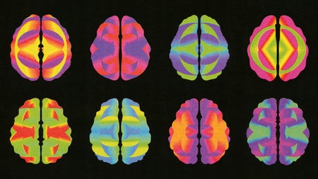 Animated illustration of six colorful brain scans