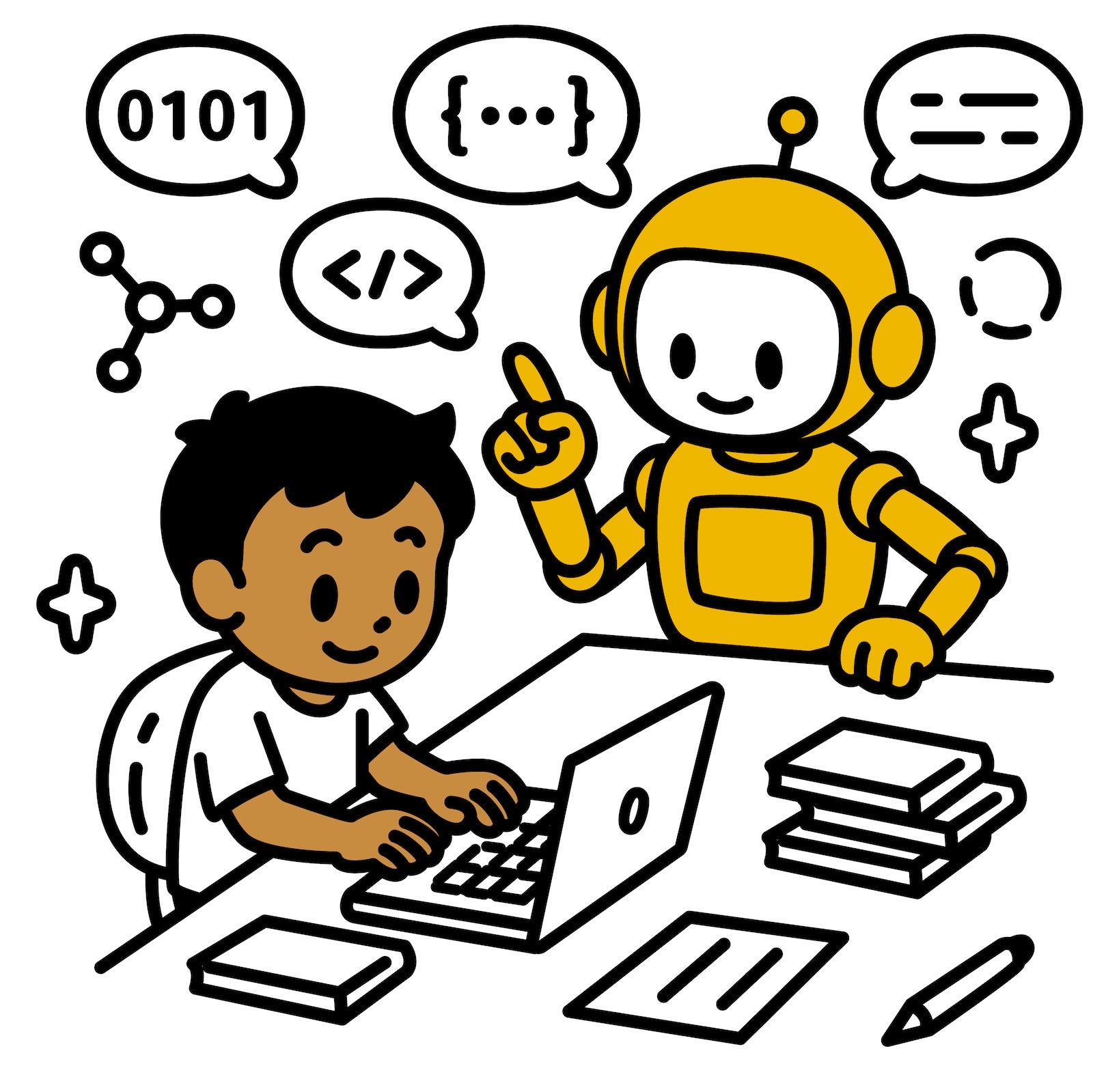 A black-outline illustration of a boy and an AI robot engaged in a programming activity.