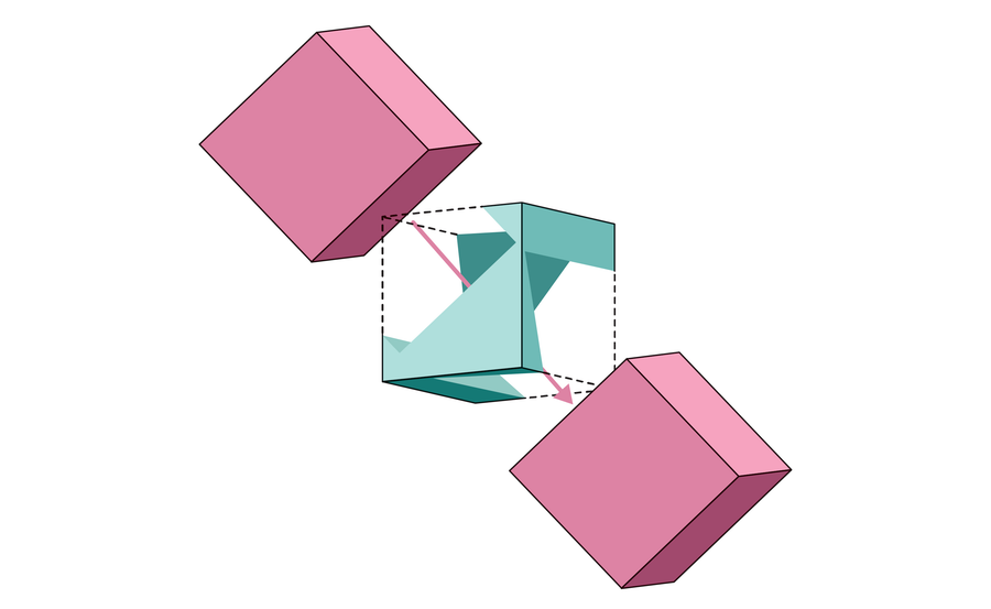 Graphic shows the diagonal path and the shape of the hole created when a cube passes through another cube of the same size.