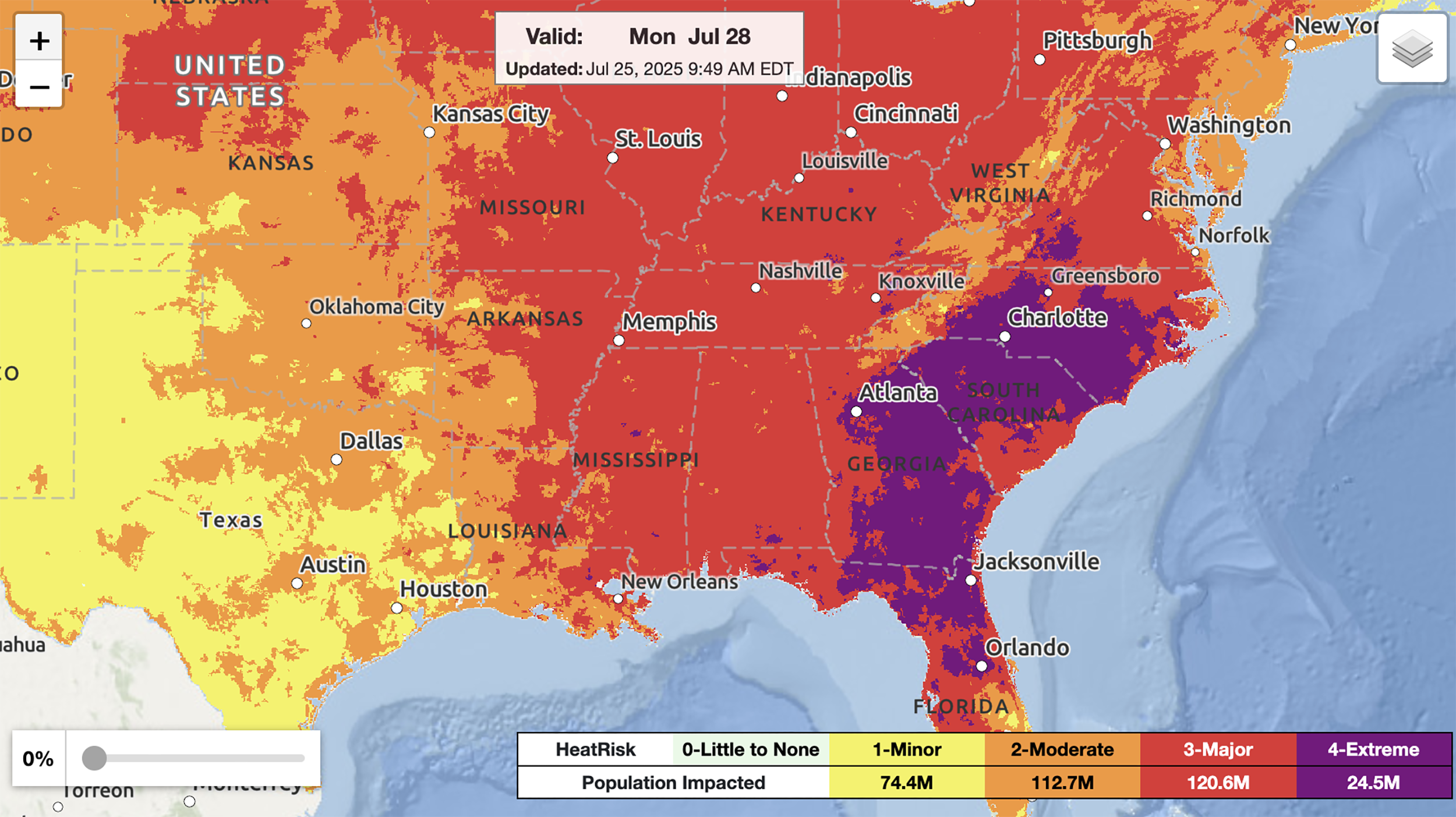 Color-coded U.S. map showing heat risk intensity zones
