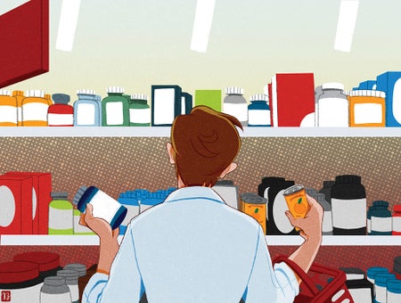 Person tilting their head, looking up at a shelf full of pills