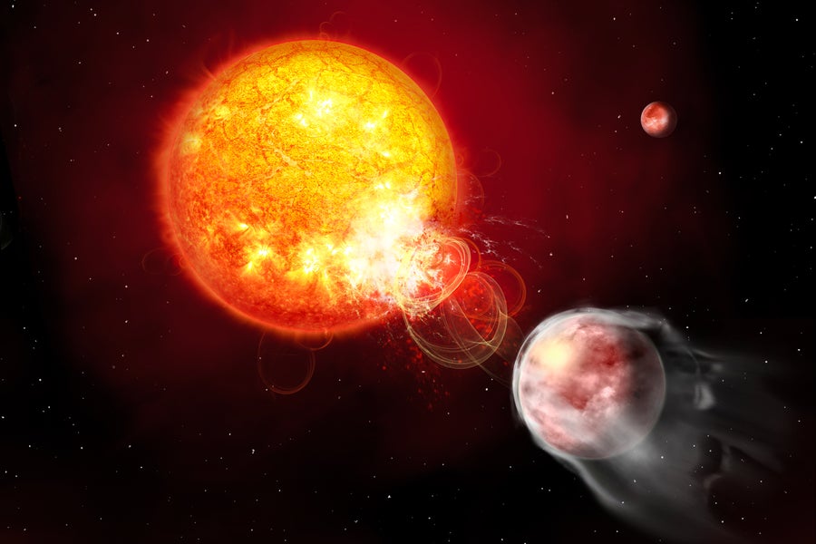 Stellar flares blast the wispy atmosphere away from exoplanet HIP 67522 b