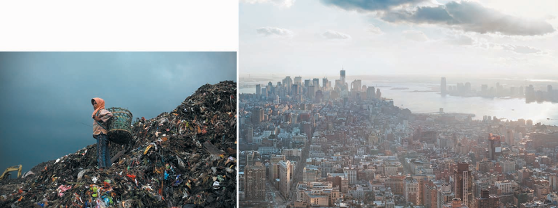 A woman climbing a mountain of trash (left); Aerial view of a city (right)