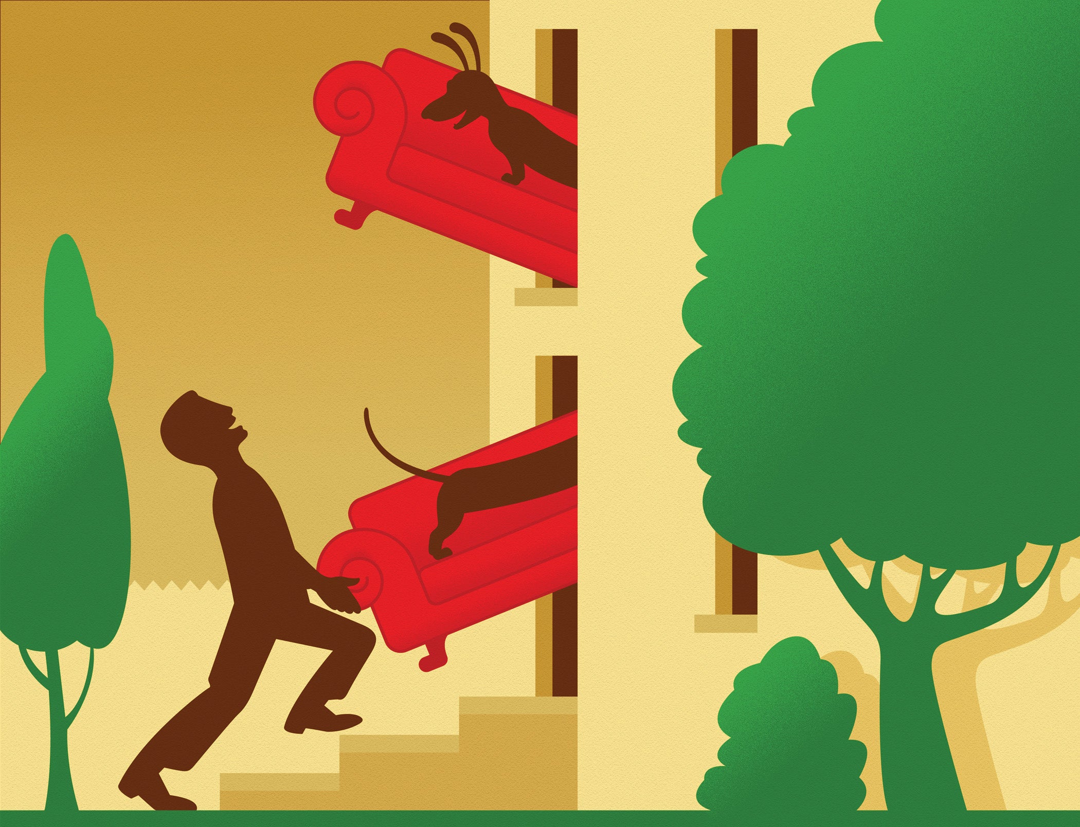 Person pushing a red sofa into a building with a dachshound on the sofa