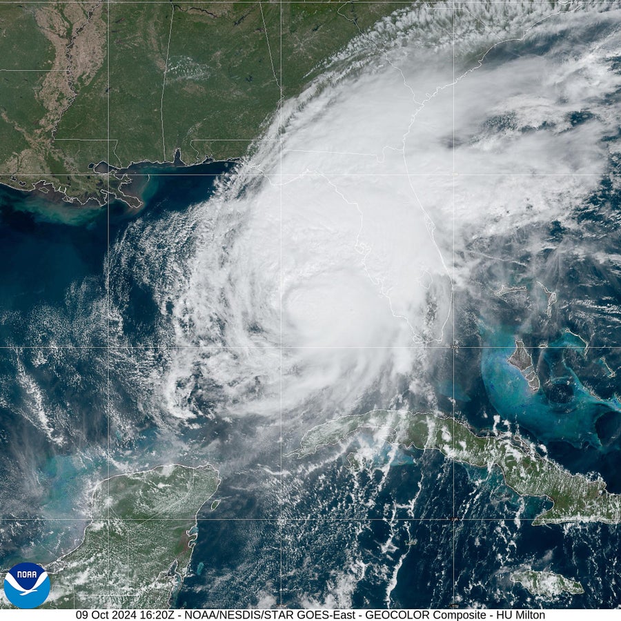 Satellite image of Hurricane Milton approaching Florida's west coast over the Gulf of Mexico on October 9, 2024