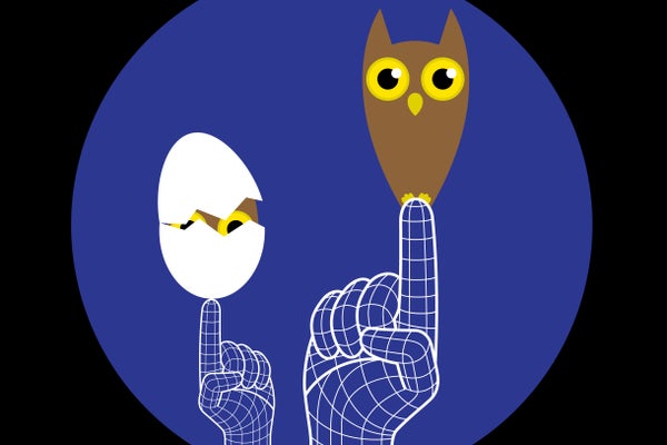 Ilustração de dois dedos segurando um ovo e uma coruja