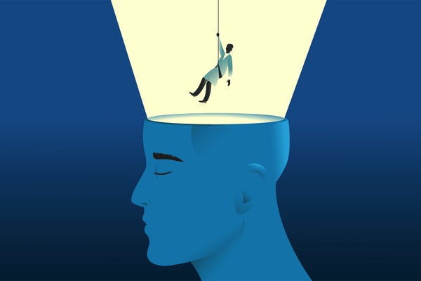 Vector illustration, doctor descends into human head as alpinist, the top of the head is open and a light shining out from and upwards from inside