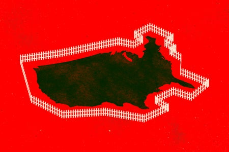 Illustration of a black United States map surrounded by a white picket fence on a red background