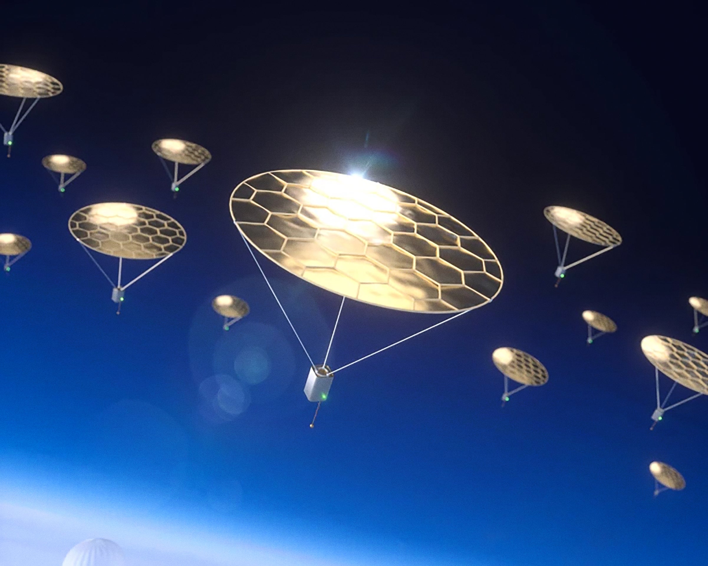 An artist's impression of multiple small devices soaring on sunlight at the edges of Earth's atmosphere