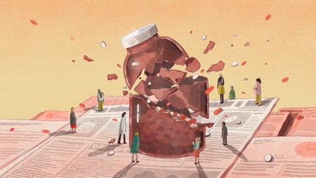 An illustration of people standing around a monstrously large pill bottle that is exploding