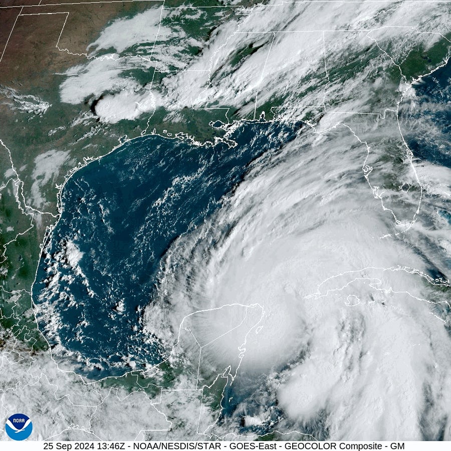 Satellite image of the Gulf of Mexico showing Hurricane Helene heading toward Florida on September 25, 2024