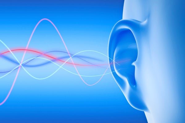 Illustration of ear with sound waves on blue background