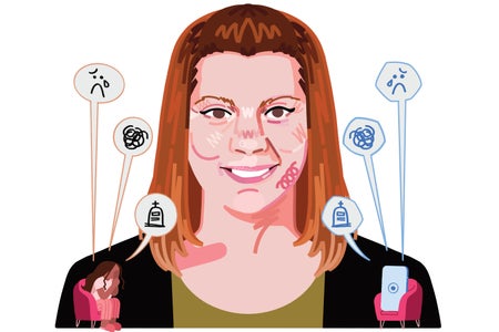 Illustration of a woman and smaller figures sitting on lounge chairs near her shoulders