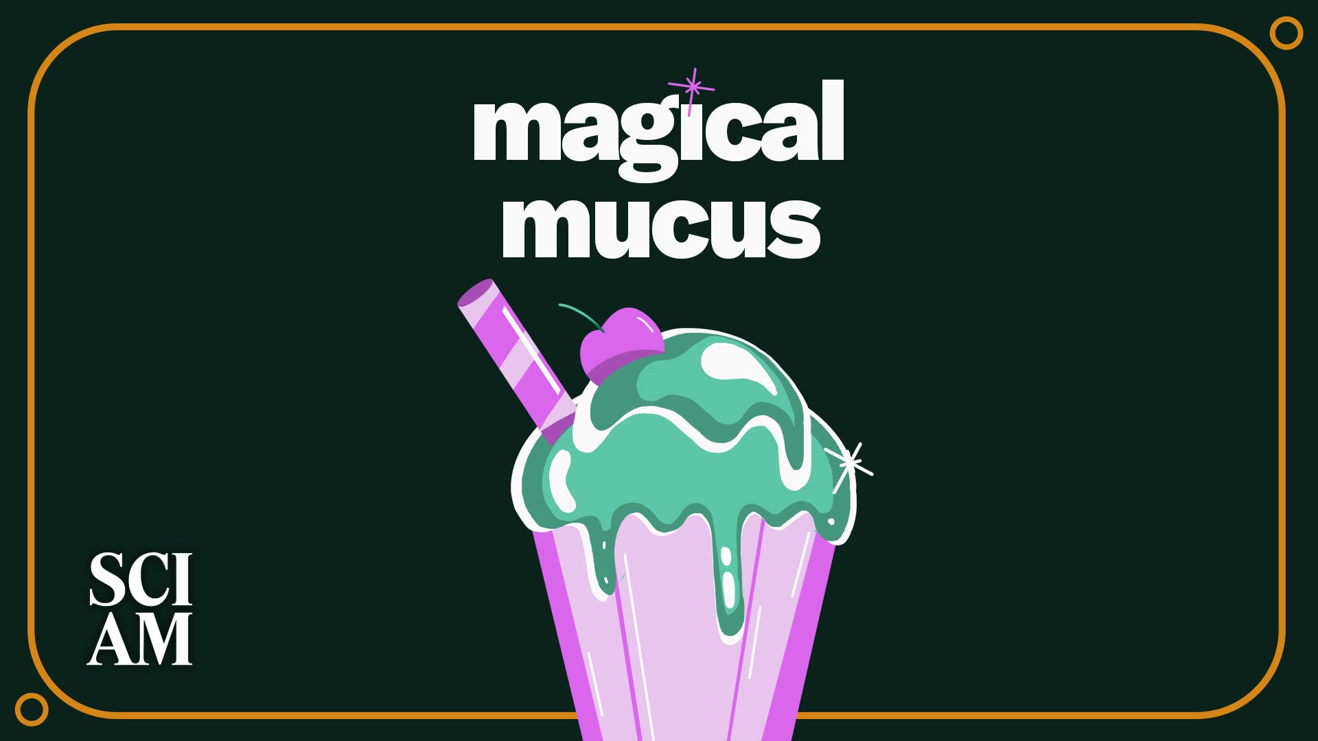Illustration of green mucus milkshake in pink cup with straw on dark green background