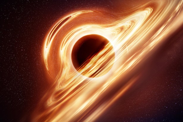 Glowing ring encircles dark center in warped space