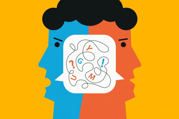 Illustration of double-faced double head speech inside the bubble and text with sweater