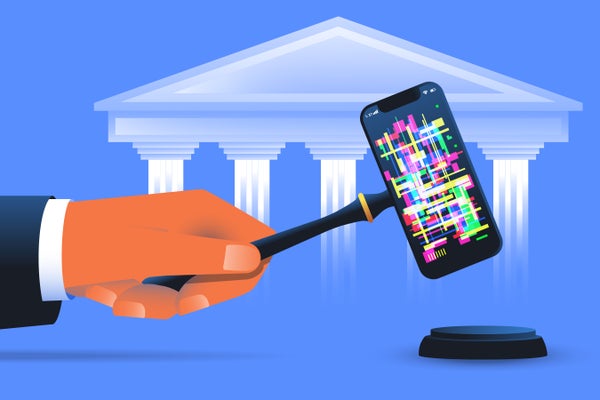 Illustration of judge holding gavel in the shape of a smart phone with supreme court illustration in background.