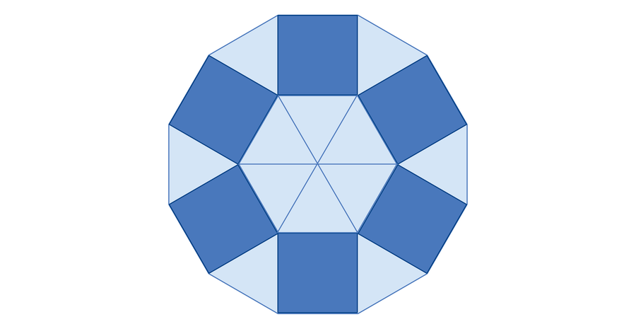 Graphic shows a regular dodecagon composed of six squares and six equilateral triangles interspersed to form the sides with another six equilateral triangles forming the center.