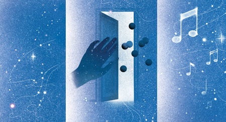 Tryptic of image with stars, particles, music notes and a hand opening a door.