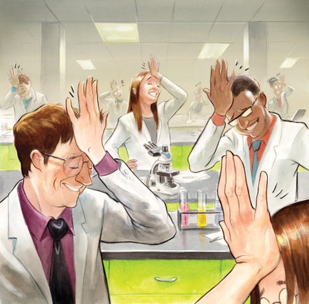 Illustration of multiple researchers in a lab smacking the palm of their hand on their heads