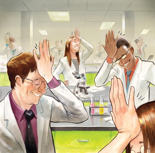 Illustration of multiple researchers in a lab smacking the palm of their hand on their heads