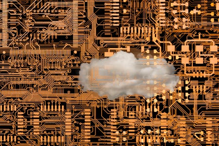 Cloud floating over microchip circuits