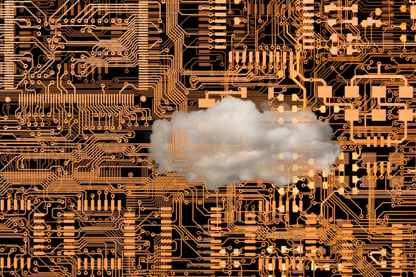 Cloud floating over microchip circuits