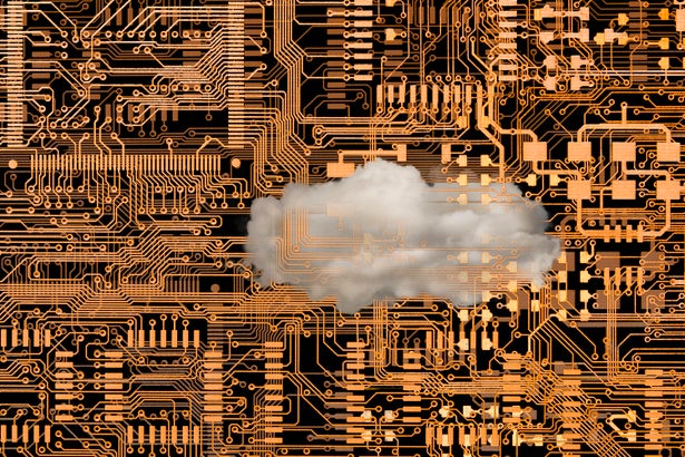 Cloud floating over microchip circuits