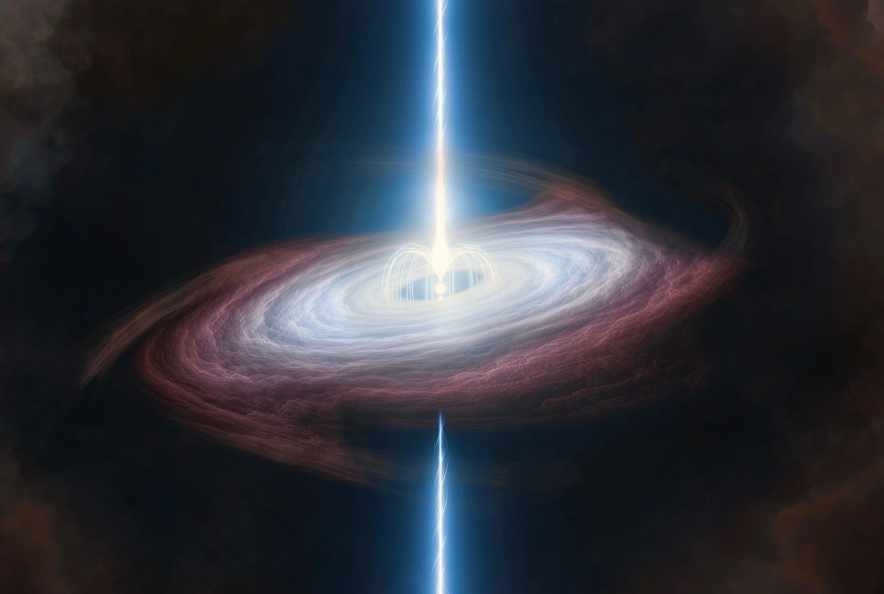 A spiral disk of matter surrounding a neutron star, which beams out light up and down along its axis.