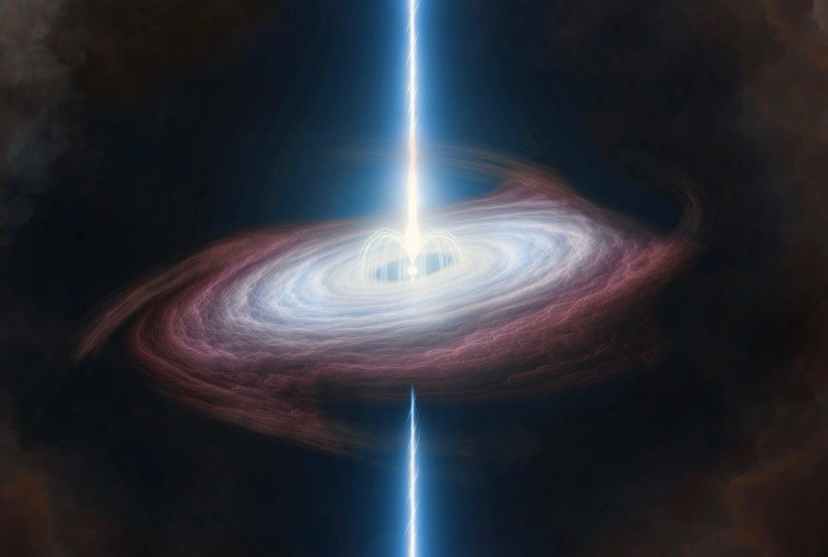 A spiral disk of matter surrounding a neutron star, which beams out light up and down along its axis.